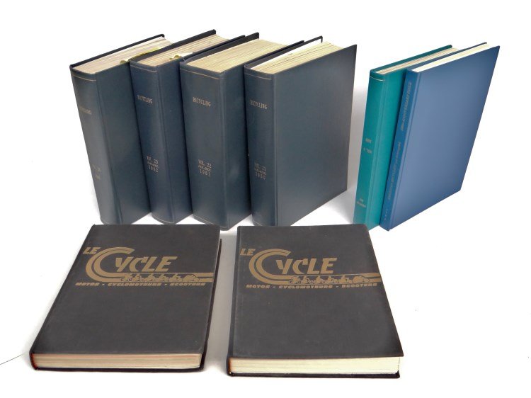 Bicycle Book Lot: Lot of (8) bicycle related books including Vol. 21, 22, 23, 30 "Bicycling" (1980, 81, 82, 89), (2) "Le Cycle" books (1971, 72)," Mountain Bike" (Vol. 4, 1988),"American Bicyclist and Motorcyclist", (V