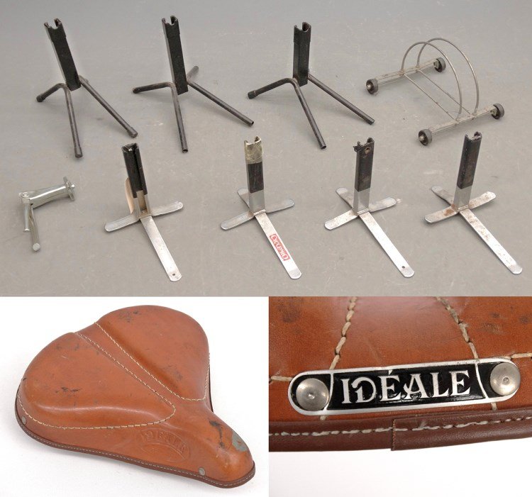 Misc. Bicycle Part Lot: Misc. lot (8) bicycle stands and kick stand and Ideal saddle. Good condition.