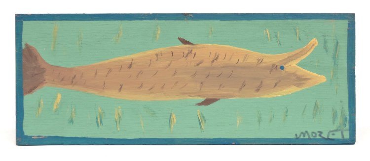 Mose Ernest Tolliver (Alabama 1919-2006): Mose Ernest Tolliver (Alabama 1919-2006), fish, paint on wood. Marked LRC "MOSET". 7" x 18". Marked verso "Robert Bishop Collection Purchased From The Artist". Deaccessioned from the American Folk Art