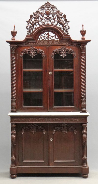 Mahogany Secretary: Mahogany two part secretary, top has fancy cornice over two glass doors, base with removable marble over two doors. 43" x 23" x 8' Ht.