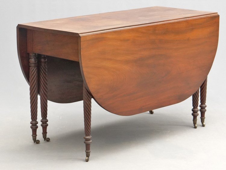 19th c. Dropleaf Table: 19th c. Federal six leg dropleaf table. Twist carved legs. Top 20 1/2" x 47" with 21" leaves, 29" Ht.