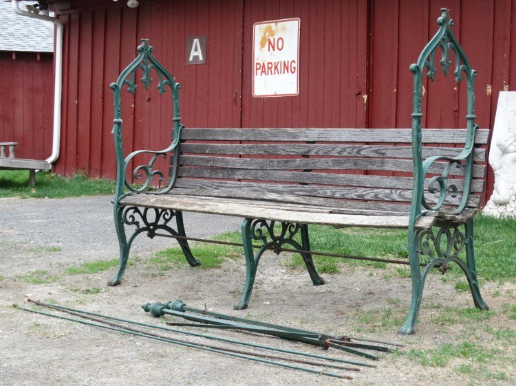 Fiske Garden Bench With Canopy Rods: Signed Fiske garden bench with canopy rods. 71" L.