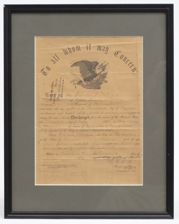 Civil War Discharge Paper: 19th c. Civil War discharge paper for "Captain Charles L. Savages/Company (a) 12th Regiment of Vermont...1863". Sight 10" x 7 1/4".