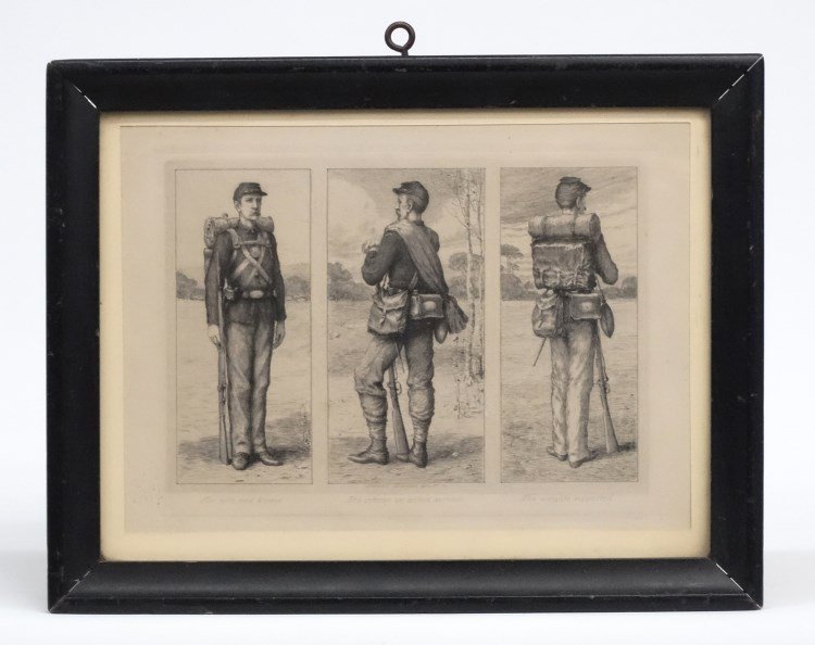 "Frederick Dielman" Civil War Print: "Frederick Dielman/del/et./sc", civil war print, also marked "The belts and braces", "The veteran on active service", "The weights supported". Sight 8" x 11".