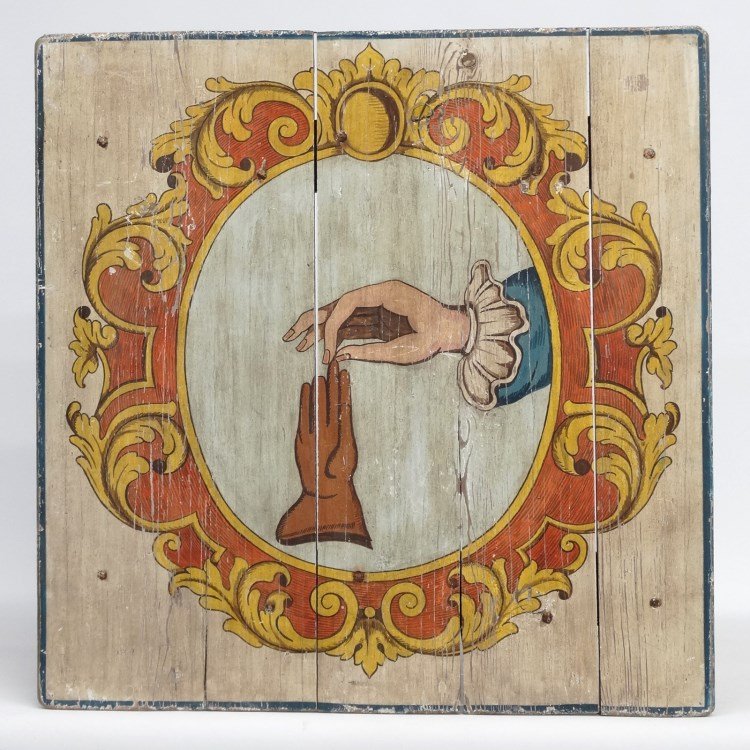 Wooden Sign: Painted wooden sign, hand with glove. 25 1/2" x 25 1/2" Ht.