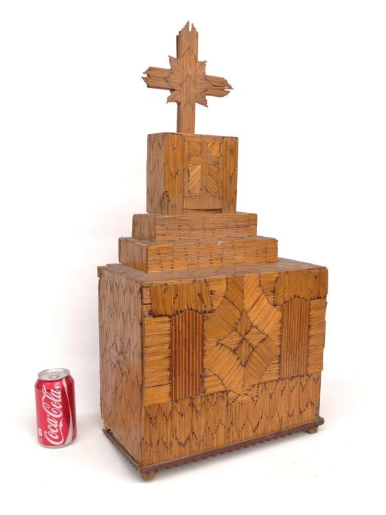 Folk Art Matchstick Altar: Folk art matchstick (2) part altar with Cross. Working door reveals Chalice. 13 1/2" x 8" x 29 1/2" Ht. Some losses. Deaccessioned from the American Folk Art Museum New York.