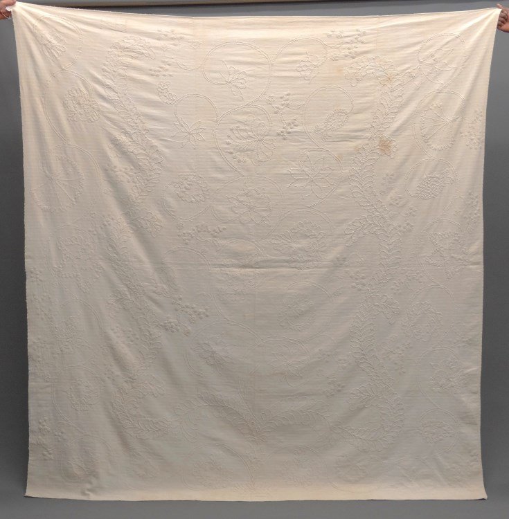 Whitework Bed Covers: Lot (2) bed covers early whitework bed cover initialed "PH" (90" x 98") along with whitework bed cover with honeycomb border (75"x 78"). Deaccessioned from the American Folk Art Museum New York.