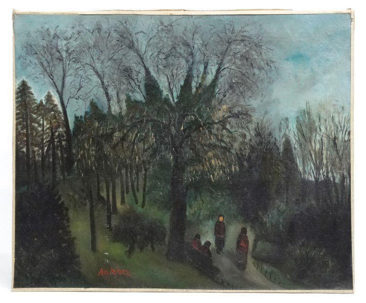 Isaac Antcher (Romania 1899-1992): Isaac Antcher (Romania 1899-1992), landscape with figures, oil on canvas. Unframed