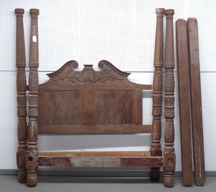 Carved Bed: Carved mahogany four poster bed with rails. 66" x 77 1/2" with 75" rails.