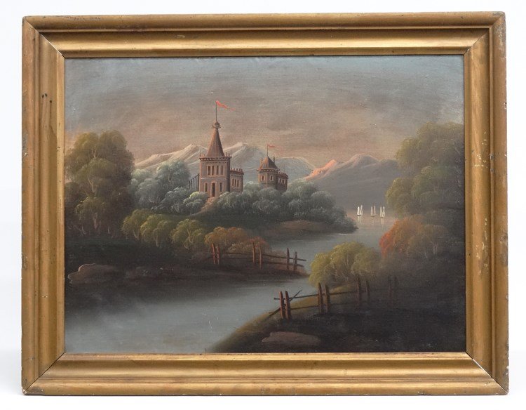 Hudson River School Landscape: 19th c. Hudson River School landscape with boats and castle, oil on canvas laid down on masonite. Work 17 3/4" x 24".