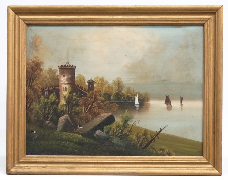 Hudson River School Landscape: 19th c. Hudson River School landscape with boats and castle. Oil on canvas. Damaged. Work 18" x 24".