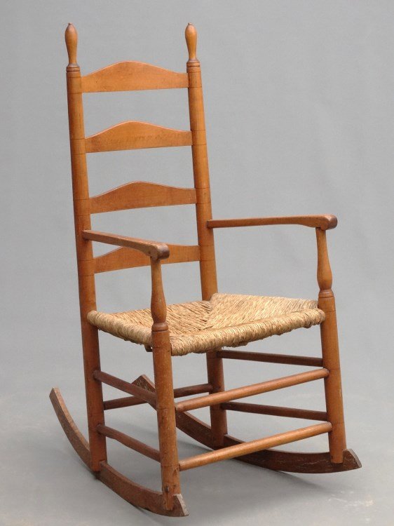 19th c. Ladderback Rocking Chair: Early 19th c. ladderback rocking chair with rush seat. 17" seat Ht., 41" Ht.