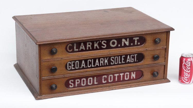 Clark's Spool Cabinet: Victorian (3) drawer Clark's spool cabinet with original glass panels. 23" x 16" x 9 1/2" Ht.