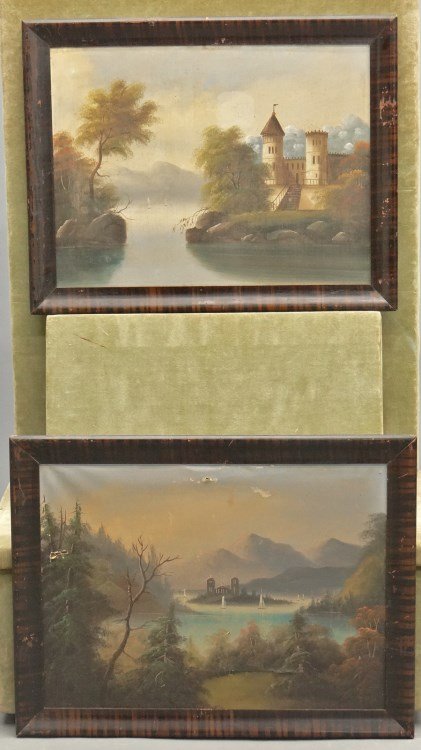 Hudson River School Landscapes: Hudson River School, landscape with castle, oil on canvas. Work 18" x 23 1/2", along with Hudson River School, landscape with boats, as found. Work 18" x 23 1/2".