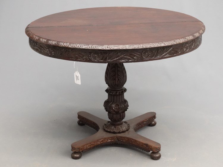 Mahogany Breakfast Table: Mahogany tilt top breakfast table. Top removable. Top 39" D., 31" Ht. (closed).
