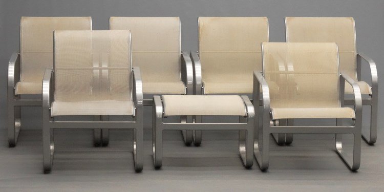 Brown Jordan Patio Chairs: Set of (6) labeled Brown Jordan patio chairs along with ottoman. Chairs 17" seat Ht., 32 1/2" overall Ht.