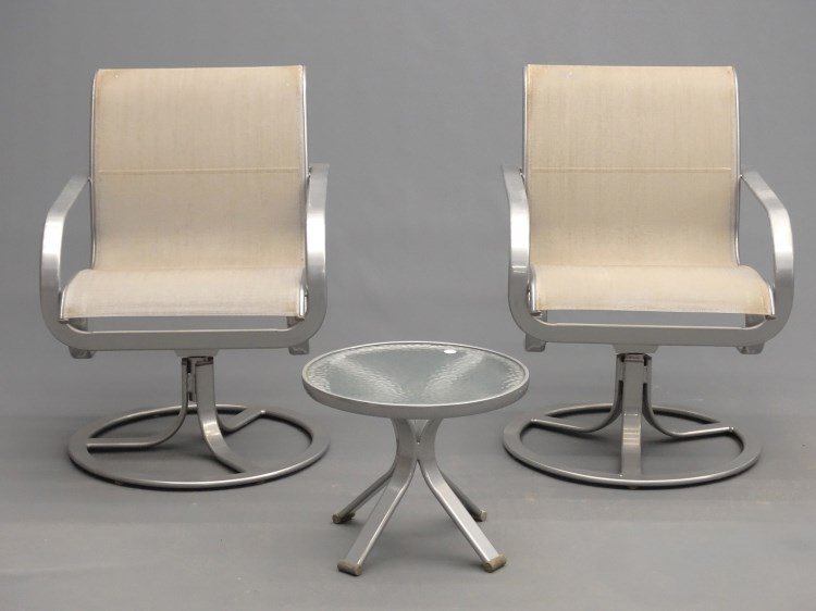 Brown Jordan Patio Chairs: Set of (2) Brown Jordan patio swivel chairs (18" seat Ht., 34 1/2" overall Ht.) along with glass top side table (17 1/2" D., 15" Ht.).
