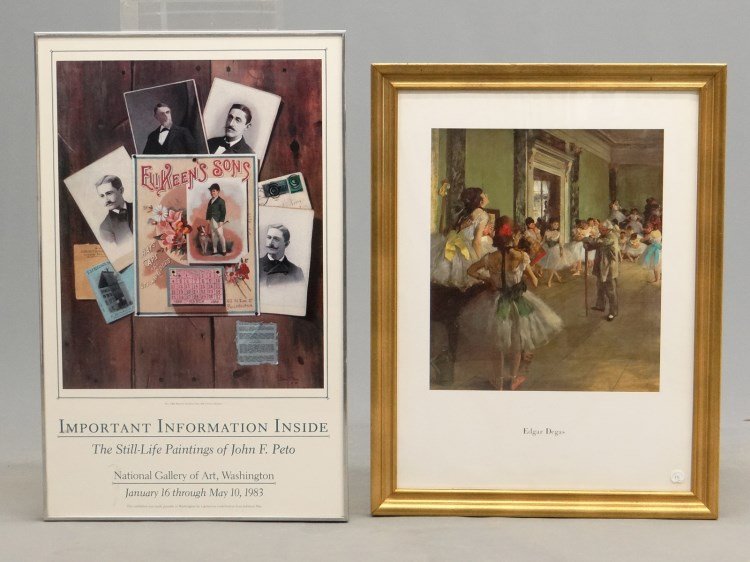 Gallery Poster Lot: Gallery poster "Important Information Inside The Still-Life Paintings of John F. Peto" (sight 37" x 23"), and Edgar Degas poster in gilt frame (sight 31" x 22 1/2").
