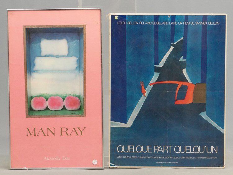 Gallery Posters: Lot (2) gallery posters including "QUELQUE PART QUELQU'UN" (31 1/2" x 24"), and "MAN RAY/ALEXANDER IOLAS" (sight 32" x 19").