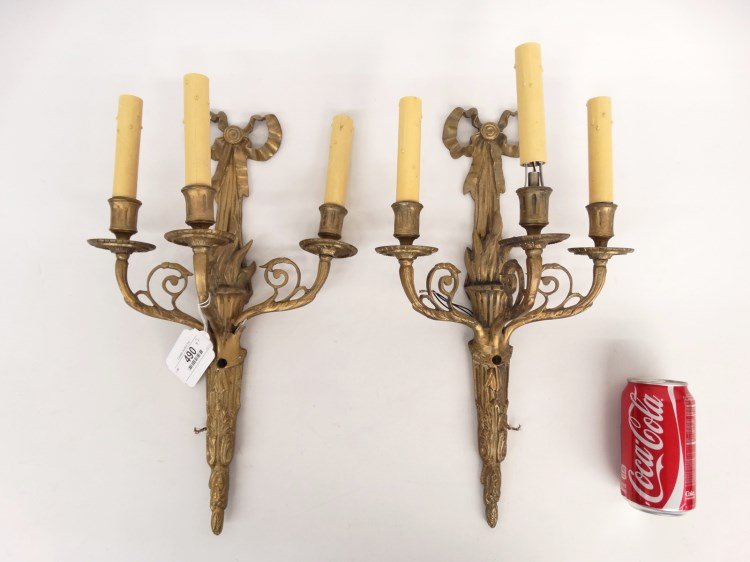 Pair Vintage Sconces: Pair vintage wall sconces. One arm has crack. 17" Ht.