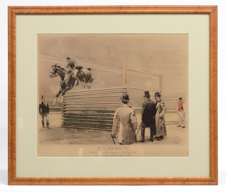 Print 'The High Jump": Print "The High Jump" (National Horse Show Association, New York 1892/Painted by W.S. Vanderbilt Allen/Printed by Helotype printing Co.). In birdseye maple frame. Sight 16" x 20".