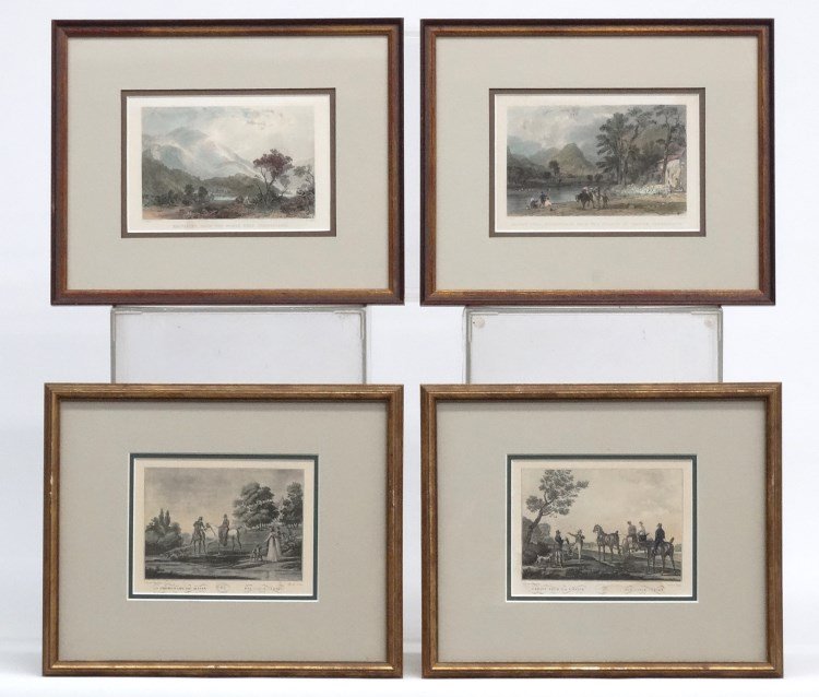 Print Lot: Lot of (4) prints "HELVELLYN, FROM THE NORTH WEST, CUMBERLAND/T. ALLOM/R. SANDS" (sight 5" X 7"), CASTLE CRAGBORROWDALE FROM THE VILLAGE OF GRANGE CUMBERLAND/T. ALKEN/J. C. BENTLEY" (sight 5" X 7"), "