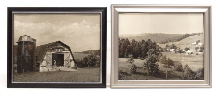 Al Macy Photographs: Two vintage Al Macy photographs, Vermont Barn, C. 1950's, estate stamped verso, 8" x 10" and Vermont Landscape, C. 1950's, estate stamp verso.