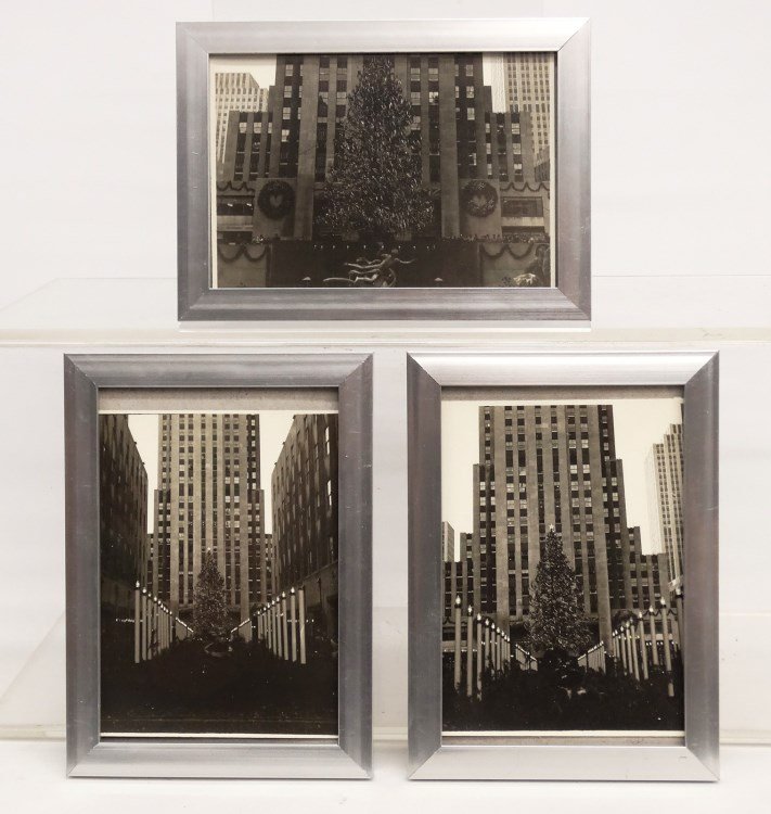 Al Macy Photographs: Lot of (3) vintage Al Macy photographs, Rockefeller Center Christmas tree, C. 1950's, estate stamp verso. 4" x 6".