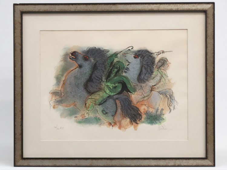 Print Signed Illegibly: Signed and numbered print, figures on horseback, marked LLC "14/20 E.A.", pencil signed LRC illegibly. Sight 18" x 24".