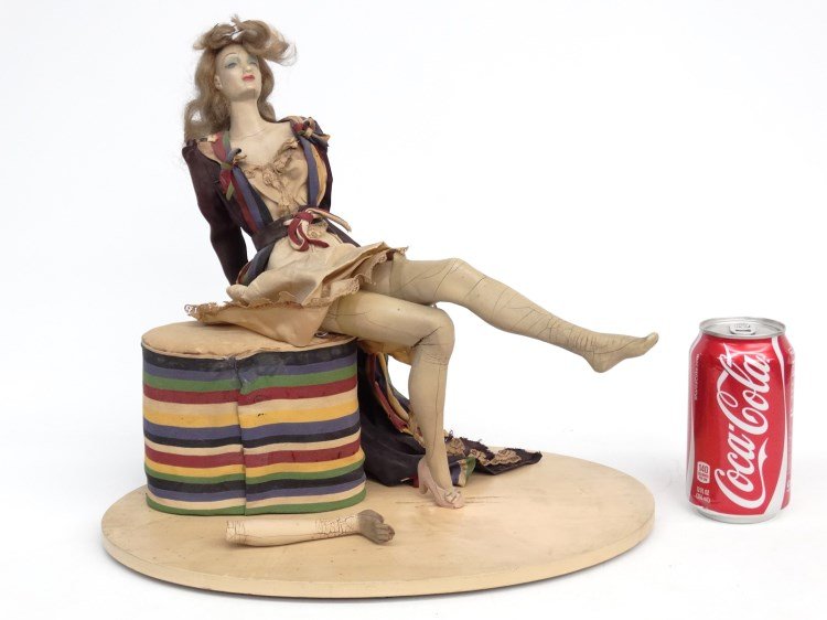 Vintage Plasticine Figure: Vintage plasticine counter top hosiery figure on stool. As found. Figure 15" Ht.