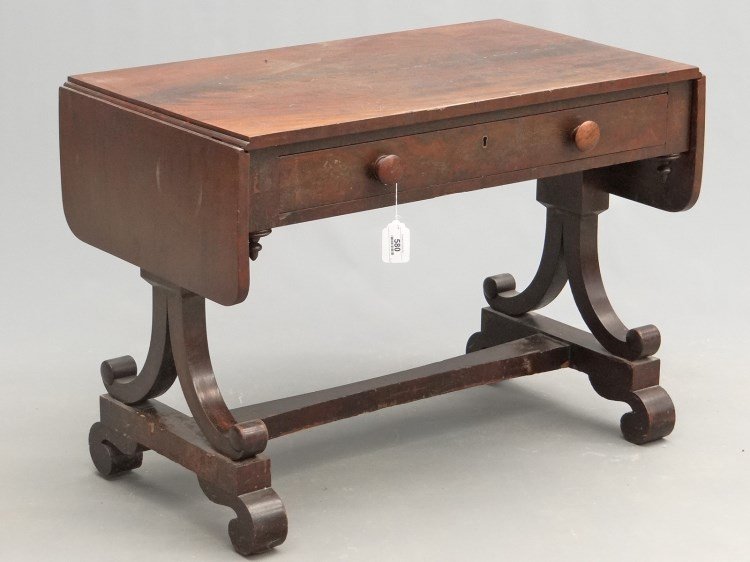 19th c. Empire Mahogany Sofa Table: 19th c. Empire mahogany single drawer sofa table. Top 37" x 21" with 10" leaves, 27" Ht.