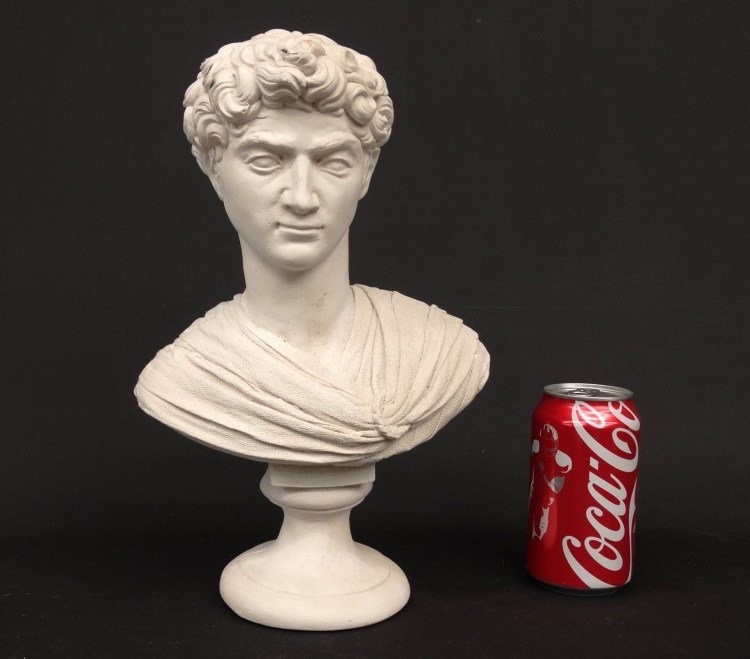 Plaster Bust Of Classical Figure: Plaster bust of Classical figure. 12 1/2" Ht.