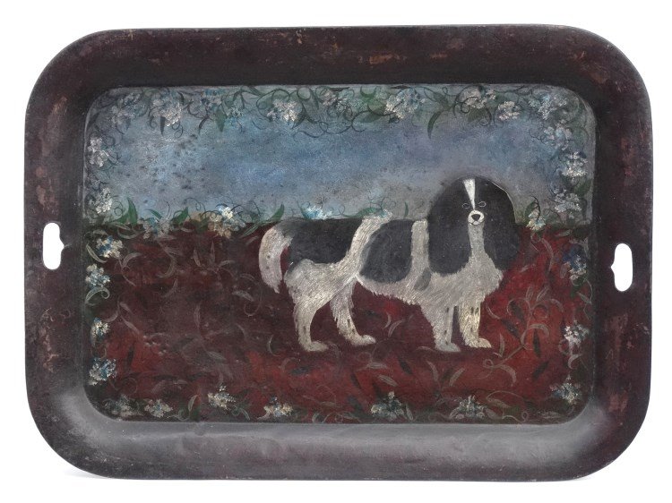 Tole Tray With Dog Painting: 19th c. painted tole tray with collie dog. 22" x 30".