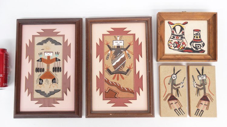 Native American Sand Artwork: Lot of (5) pieces Native American sand art. Includes labeled "Rainbow Way" LTD., Albuquerque, New Mexico USA", "L. Yazzie","Thunderbird" etc., 6"x 3 1/4" to 12" x 8".