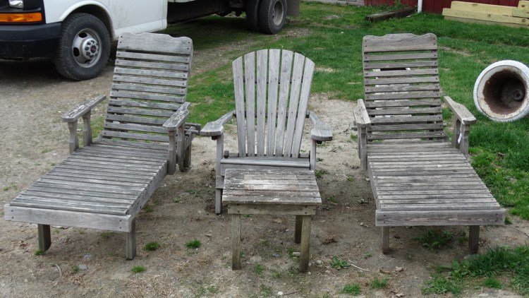 Patio Chairs: Lot including table, (2) lounge chairs and folding chair.