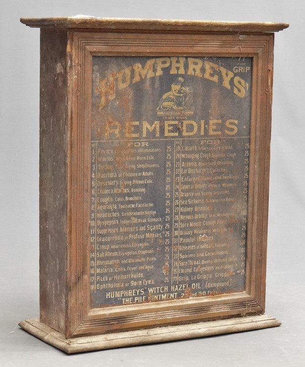 "HUMPHREYS REMEDIES" Cabinet: 19th c. "HUMPHREYS REMEDIES" cabinet. As found. 22" x 10" x 28" Ht.