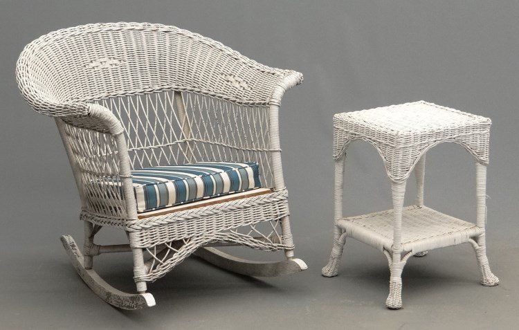Wicker Rocking Chair & Table: Lot including wicker rocking chair (14" seat Ht., 30" overall Ht), and table (14" x 14" x 21 1/2" Ht.).