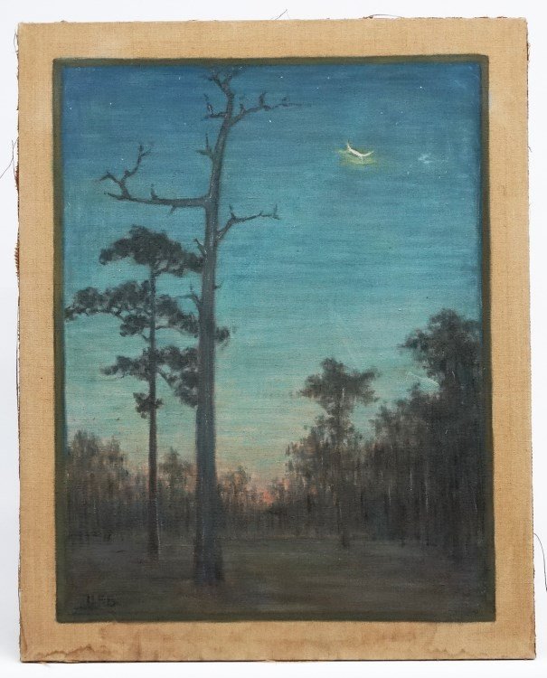 Painting Landscape Signed "M.E.B.": Painting oil on burlap primitive landscape signed LLC "M.E.B.". 30 1/2" x 24".