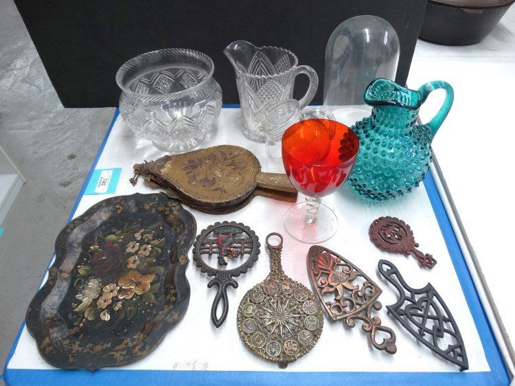 Glassware Lot: Misc. lot including Czech Republic pitcher, molded glass pitcher, vintage pitcher, cranberry glass and dome, tole tray, trivets, bellows etc.