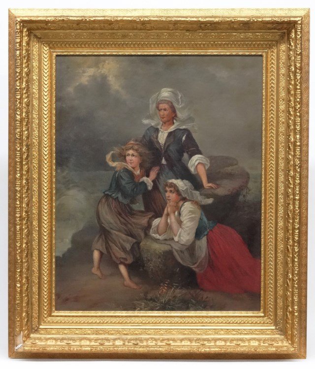 Continental School, Mother And Daughters: Continental School, mother and daughters, oil on canvas. Work 31 1/2" x 25".