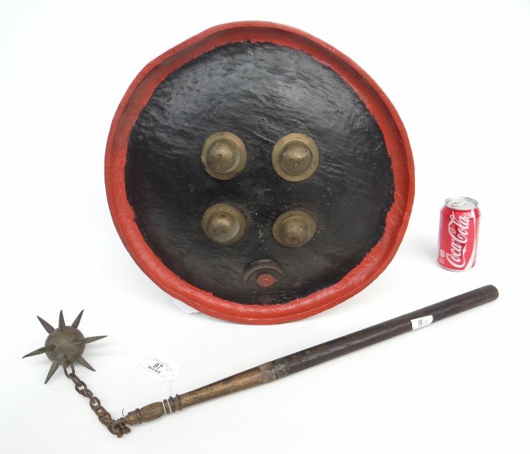 Shield & Mace: Decorative shield (18" D.), along with wooden handled mace (33" L.).