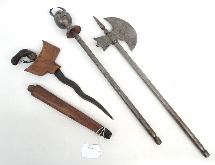 Weapon Lot: Lot including decorative axe (26" L.), metal devil head club (27" L.), sword in wooden sheath (broken sheath, 21" L.).