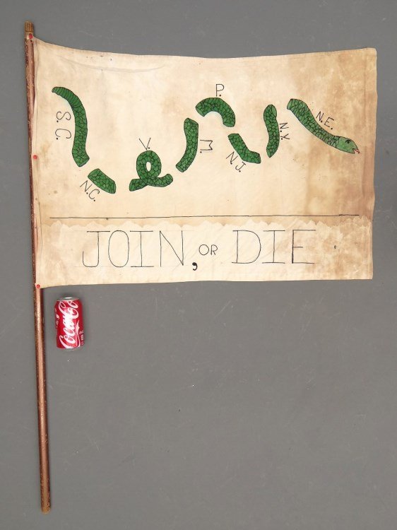 (13) Colonies Flag With Snake Motif: (13) Colonies flag with snake motif "JOIN OR DIE". Flag 22" x 32", pole 47" Ht.