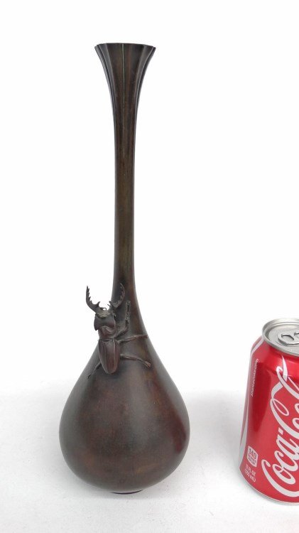 Japanese Bronze Vase: Japanese bronze vase with applied beetle. 12" Ht.