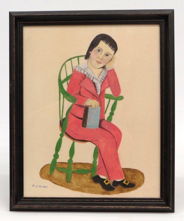 Evelyn Dubiel (Ct. b. 1922), Folk Art Watercolor: Evelyn Dubiel (Ct. b. 1922), "Little Boy In Windsor Chair", watercolor in the manner of Beardsley Limner (C. 1800). 9 5/8" x 7 5/8".