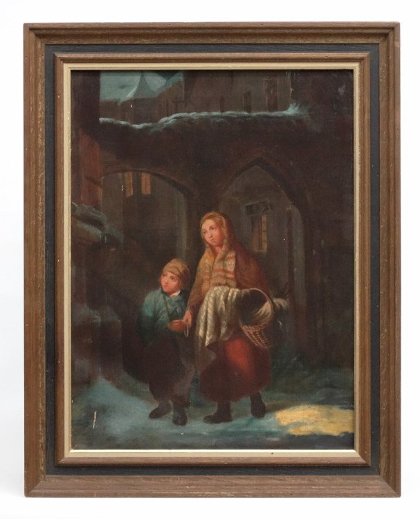 Continental School, Beggar Children: Continental School, oil on canvas, beggar children. 1" tear on canvas. Work 24" x 18".
