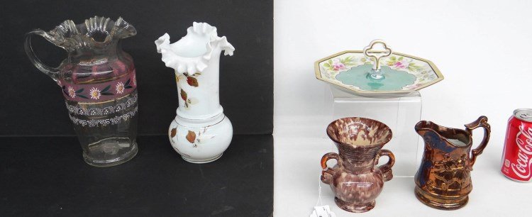 Glassware Lot: Misc. glassware including ruffled milk glass vase (10" Ht.), ruffled hand painted pitcher (11" Ht.), Noritake dish with handle, Luster pitcher, Rockingham glaze vase.