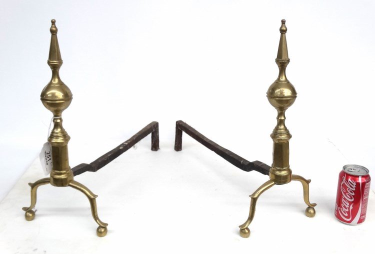 Pair 19th c. Steeple Top Andirons: Pair 19th c. brass steeple top andirons. 17 1/2" Ht., 19" D.