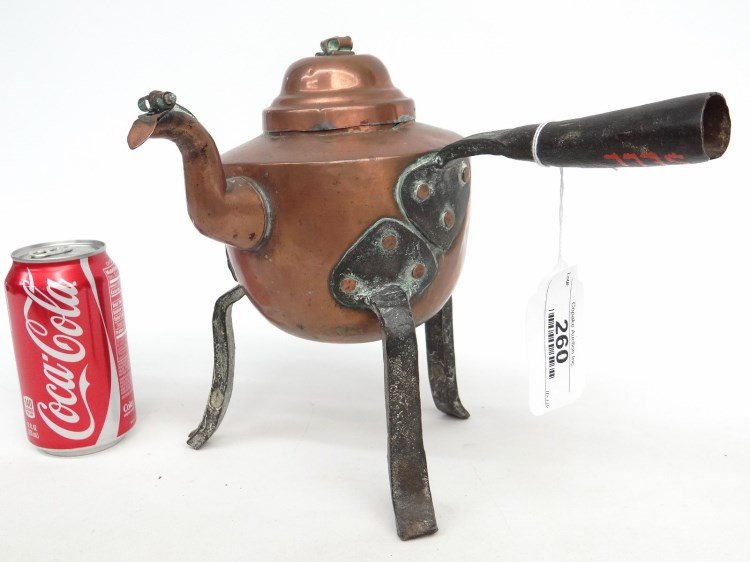 18th c. Teapot: 18th c. copper teapot on stand etched "SARAAS". 10" x 9 1/2" Ht.