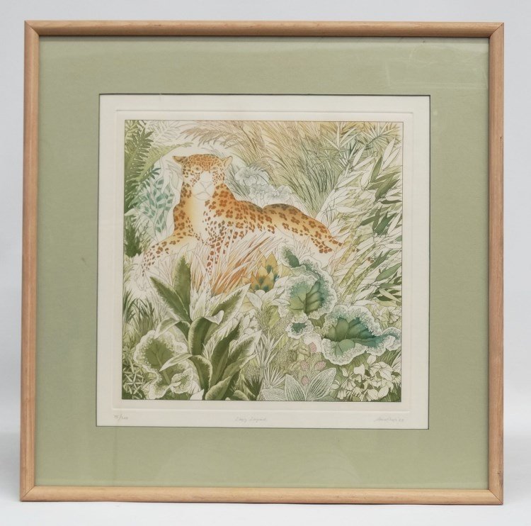 Anna Pugh Signed Print: Anna Pugh signed and numbered print, #75/100, titled "Lazy Leapord", signed LRC and dated '83. Sight 15 1/2" x 15 1/2".
